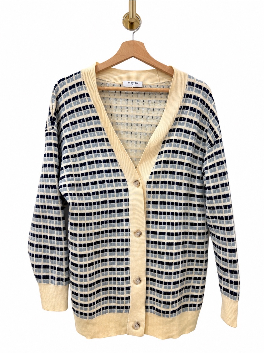 Babaton Cream and Black Grid Button-Front Cardigan